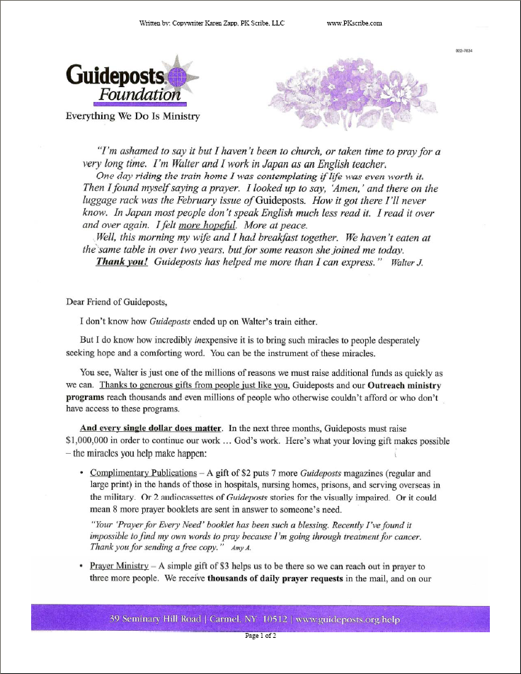 Acquisition Letter - Guideposts Foundation Page 1