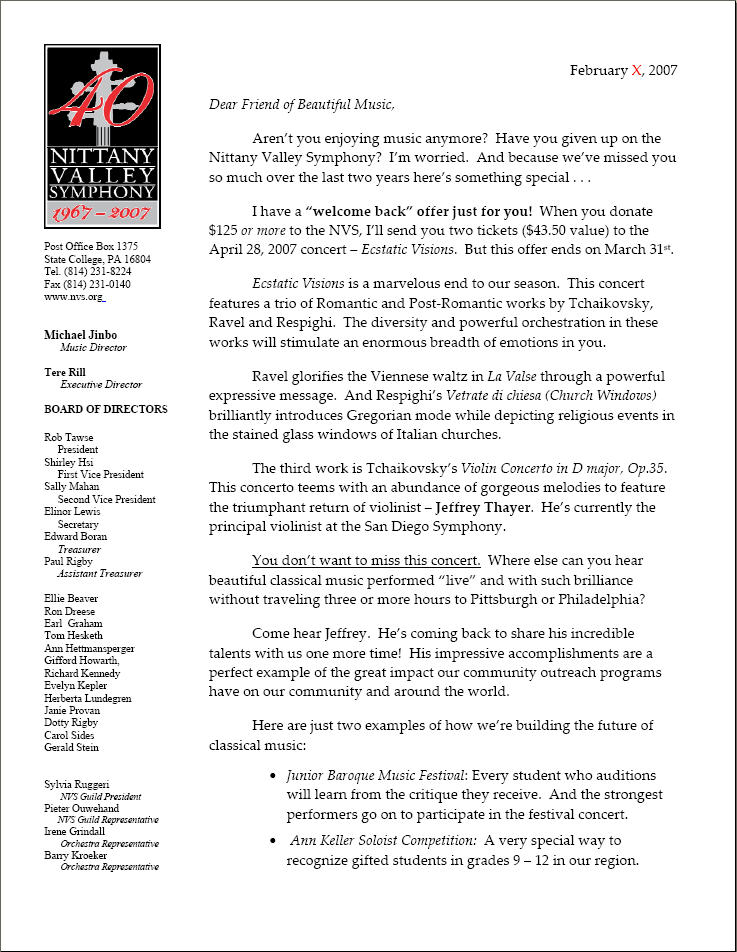 Lapsed Donor Letter - Nittany Valley Symphony Page 1