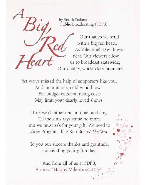 Lapsed Donor Letter - Valentines Day Poem for South Dakota Public Broadcasting